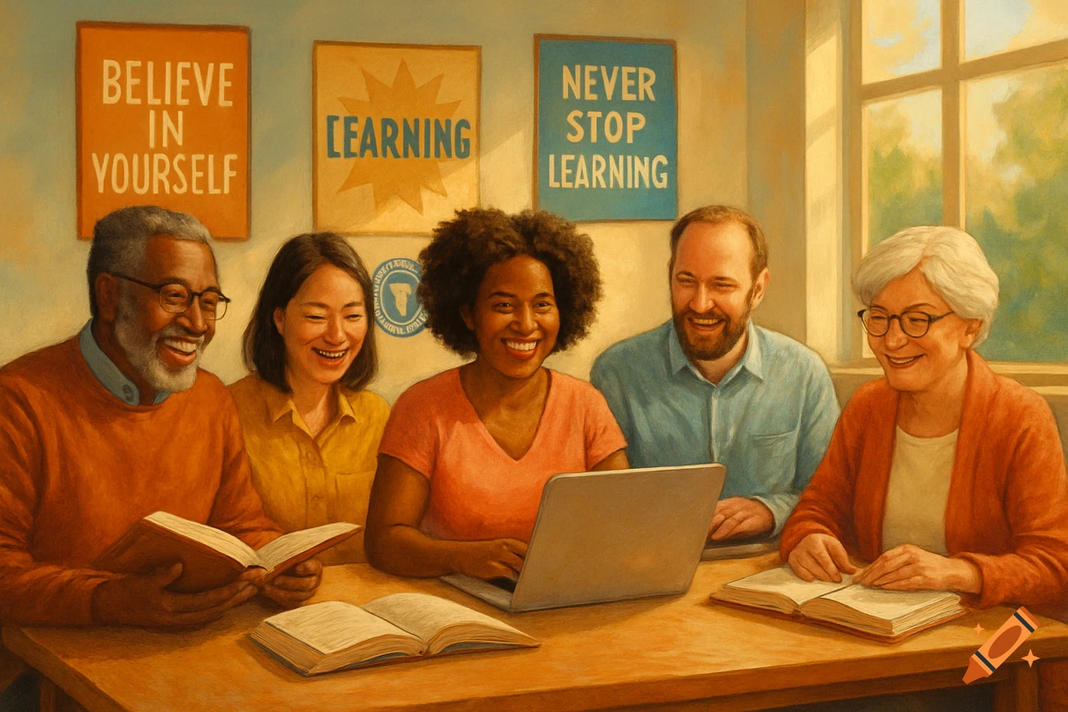 Diverse group of adult learners smiling around a table with books and a laptop, under motivational posters, in a warm, realistic painting style.
