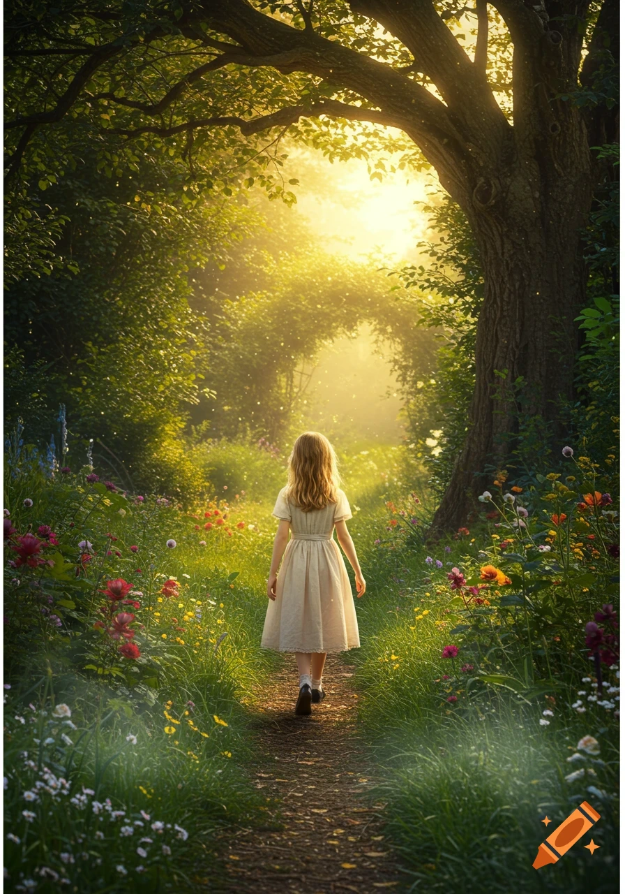 A young girl in a cream dress walks on a sunlit path through a vibrant, magical forest garden with colorful flowers and sparkling light.