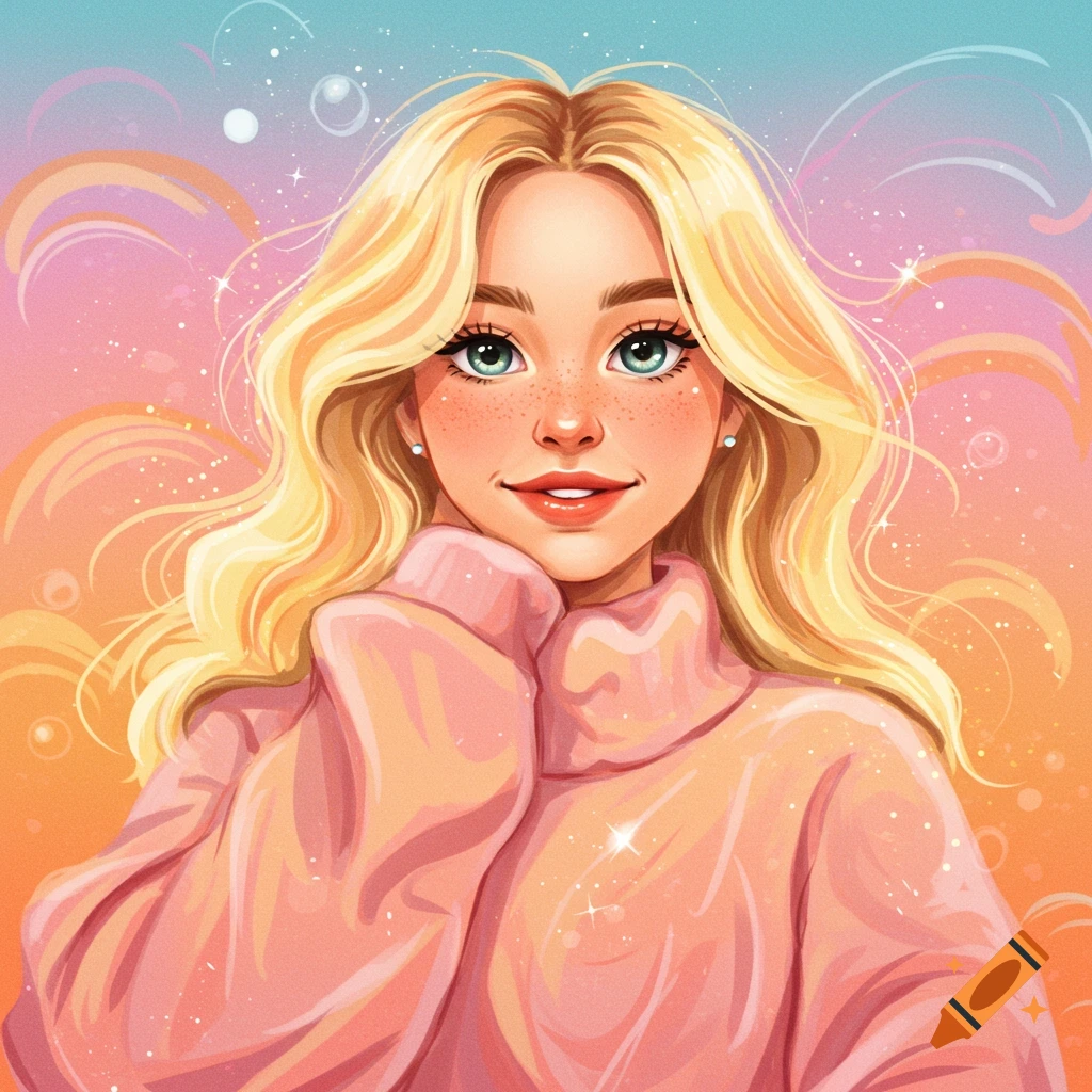 Digital illustration of a smiling blonde woman with freckles in a pink sweater against a pastel background.