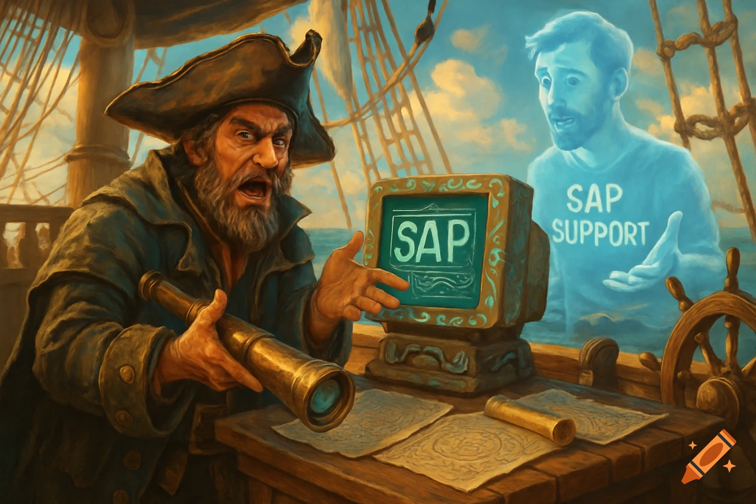 A grimacing pirate points at an 'SAP' computer on his ship, while a ghostly 'SAP Support' man floats beside him. Digital art.