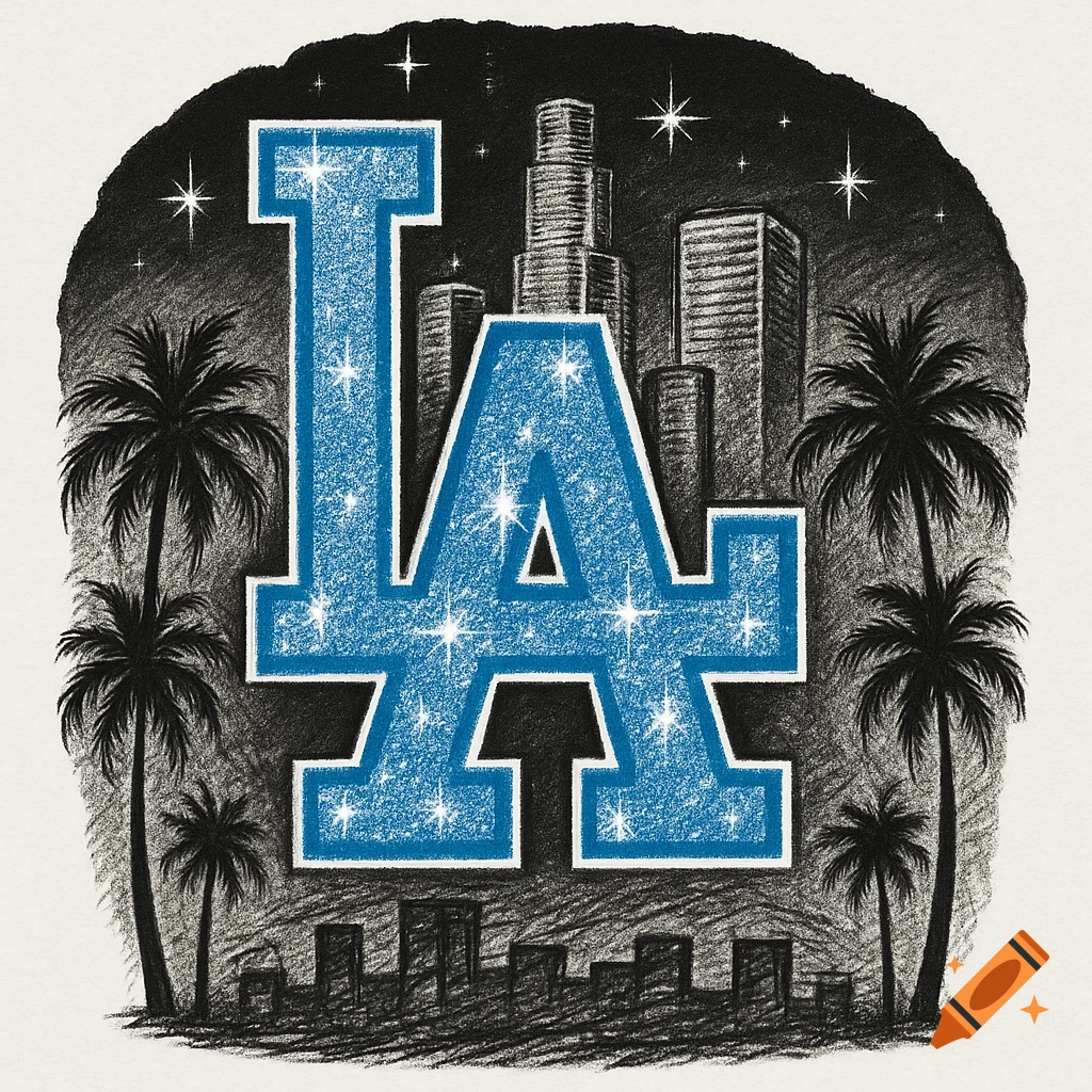 Blue sparkling LA logo with a white outline, centered against a charcoal-sketched cityscape with palm trees and stars under a dark sky.