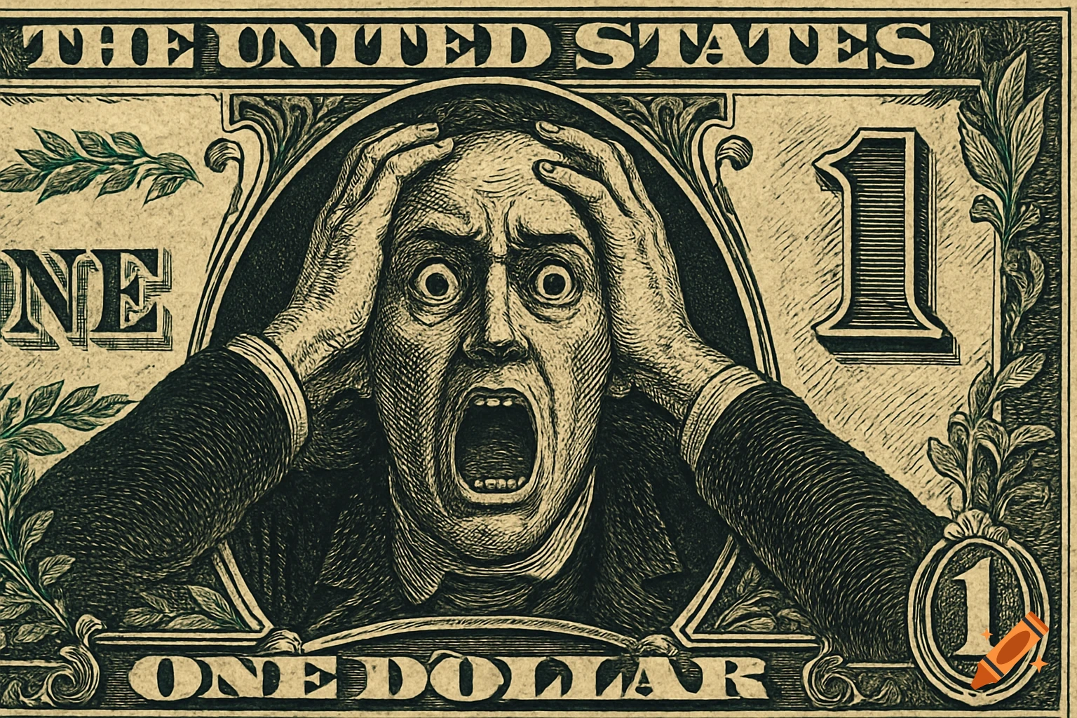Woodcut-style illustration of a dollar bill featuring a screaming man holding his head in distress.