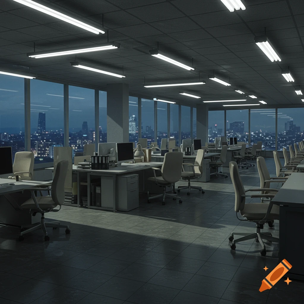 Empty modern office with numerous desks and chairs, overlooking a city skyline at dusk, photorealistic style.