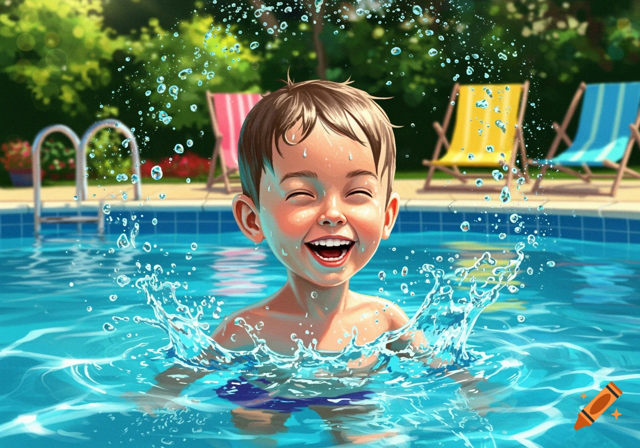 A happy, laughing boy splashing in a swimming pool on a sunny day, cartoon style.