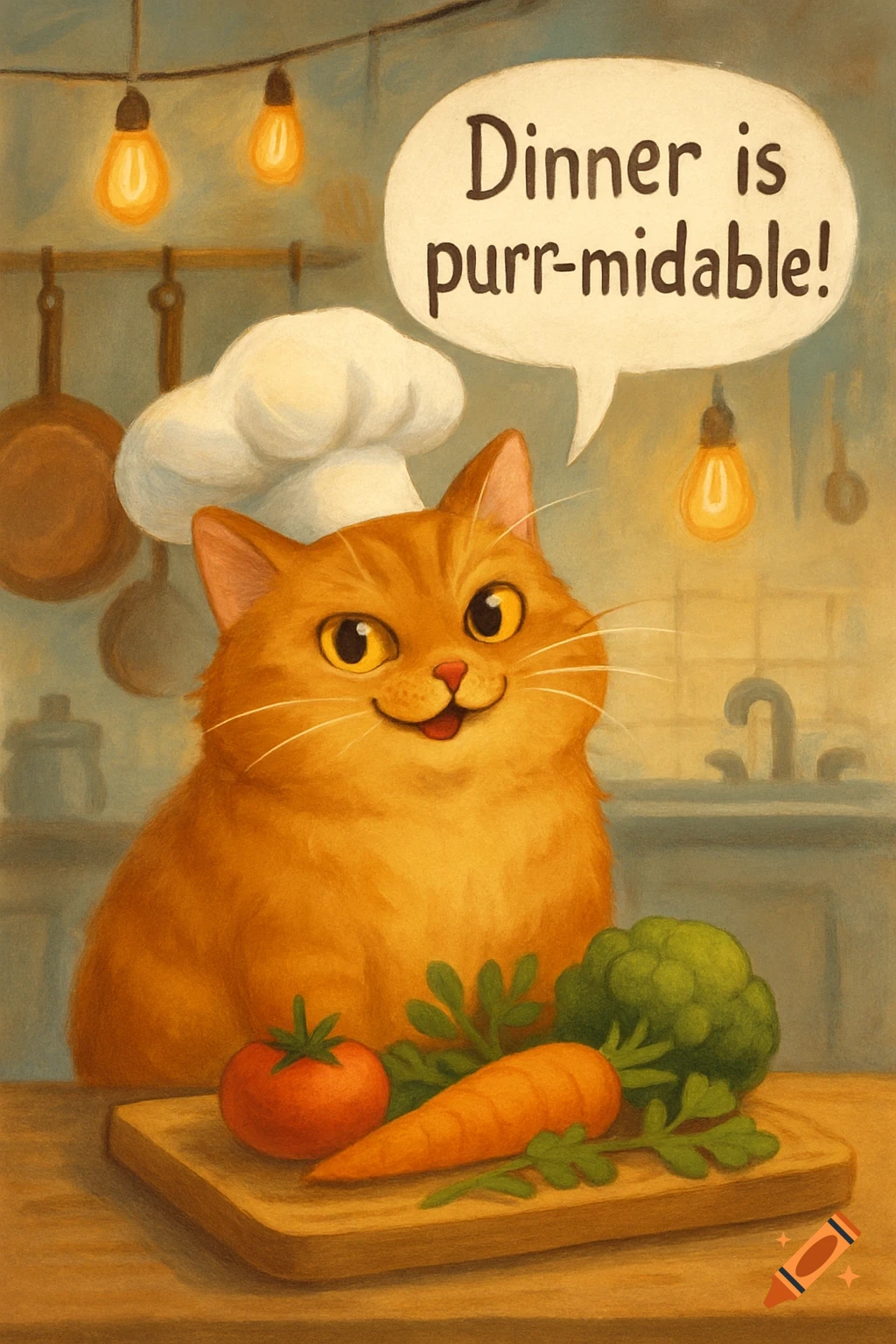 Cartoon orange chef cat in a kitchen with vegetables, speech bubble says 'Dinner is purr-midable!'.