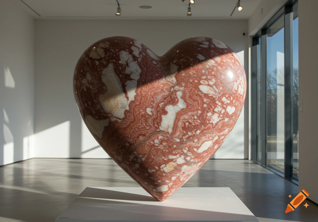 A large, smooth heart-shaped sculpture made of red and white veined marble stands on a white pedestal in a brightly lit art gallery.