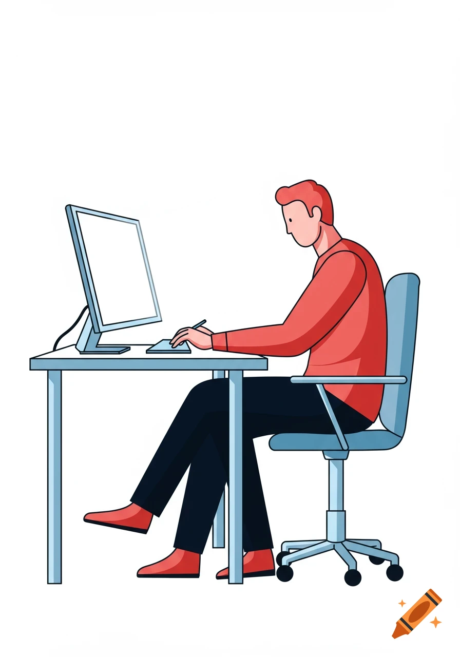 Stylized vector illustration of a man with a red shirt and dark pants, sitting at a desk, working on a computer with a blank screen.