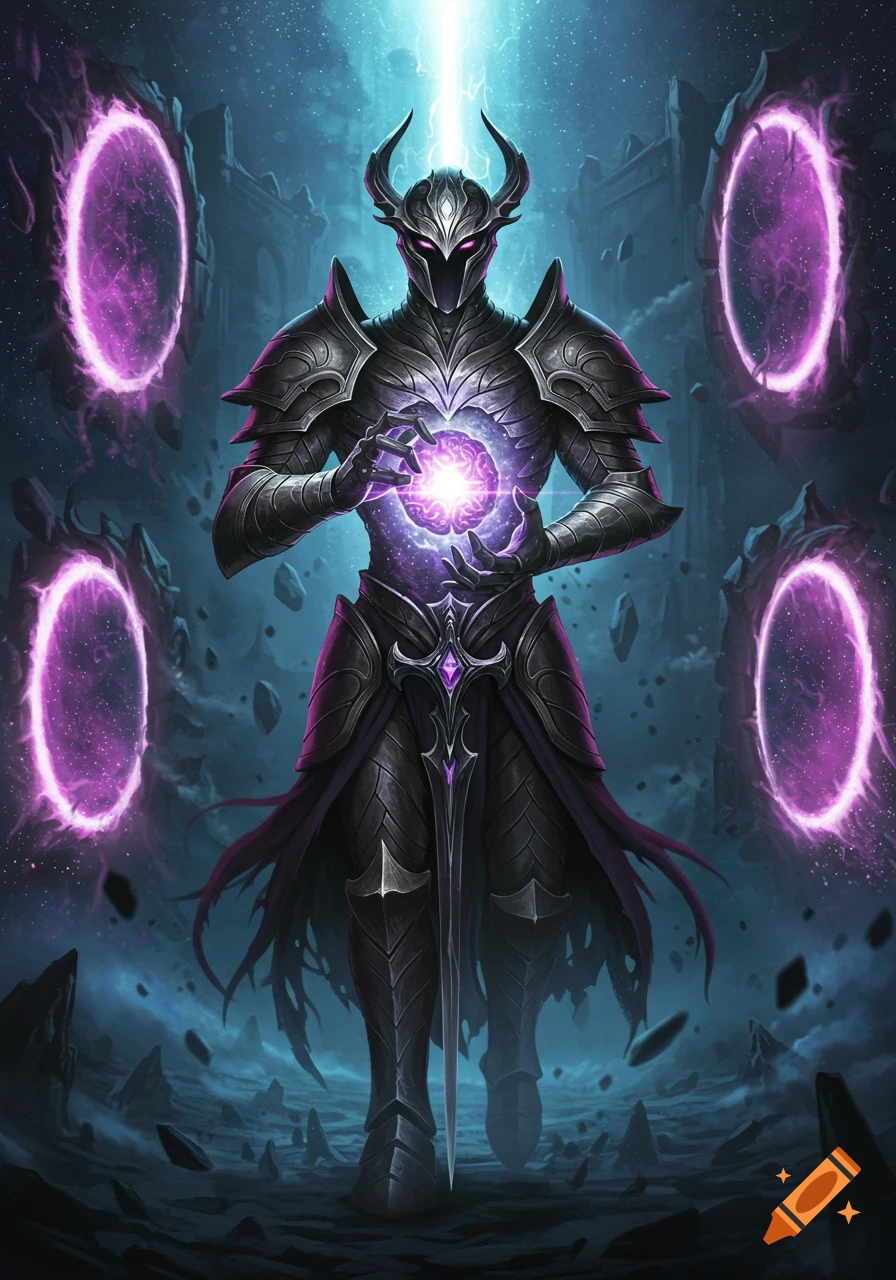 Epic digital art of an armored guardian named Shade, clutching a glowing orb with shadow portals behind in a dark, desolate landscape.