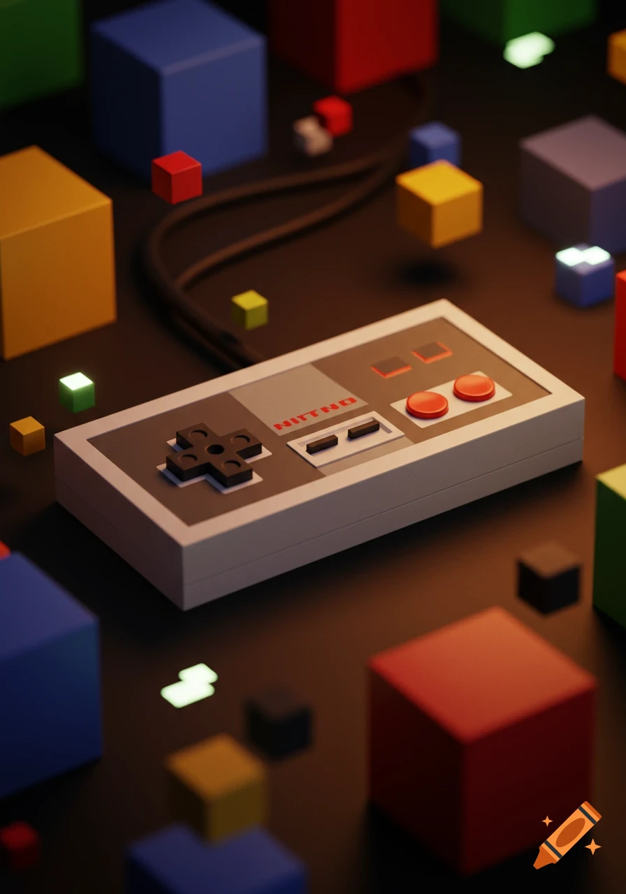 Retro video game controller surrounded by colorful glowing 3D cubes on a dark background, 3D render.