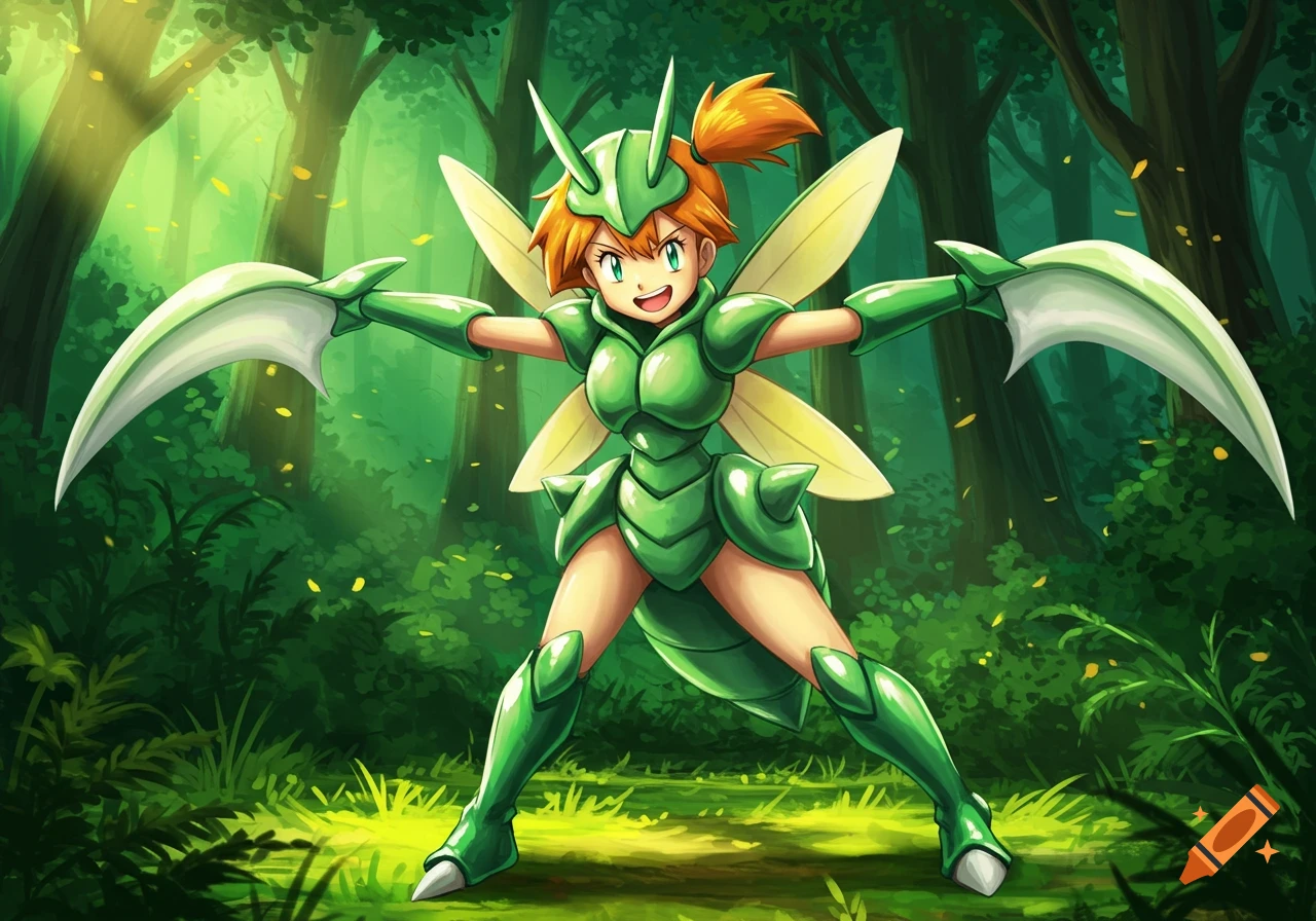 Misty from Pokemon wearing a green Scyther costume, standing in a lush forest with yellow glowing leaves.