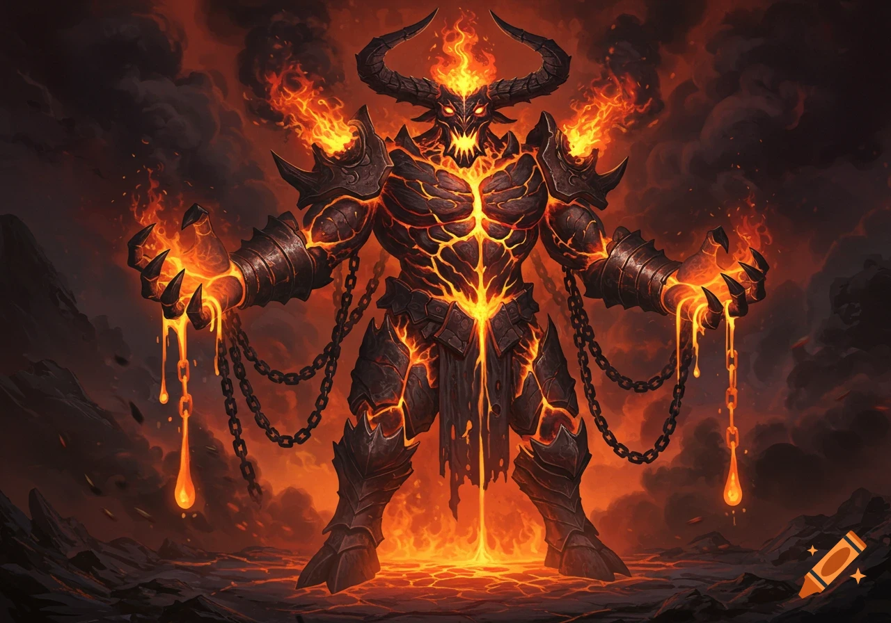 Colossal fiery demon god with horns and chains, dripping lava from its burning hands in a hellish landscape.