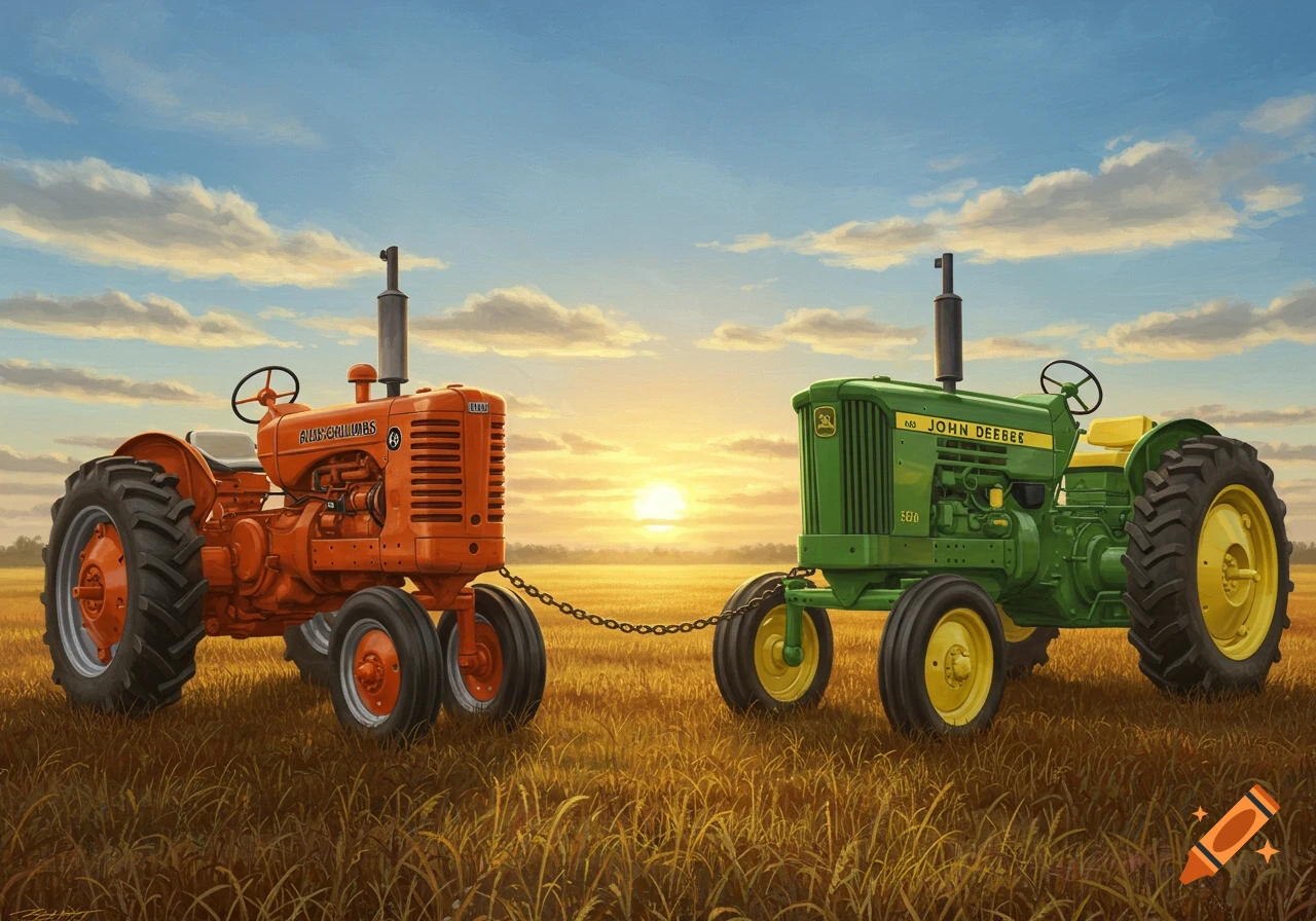 Two classic tractors, an orange Allis Chalmers and a green John Deere, are chained together in a golden field under a sunset sky.