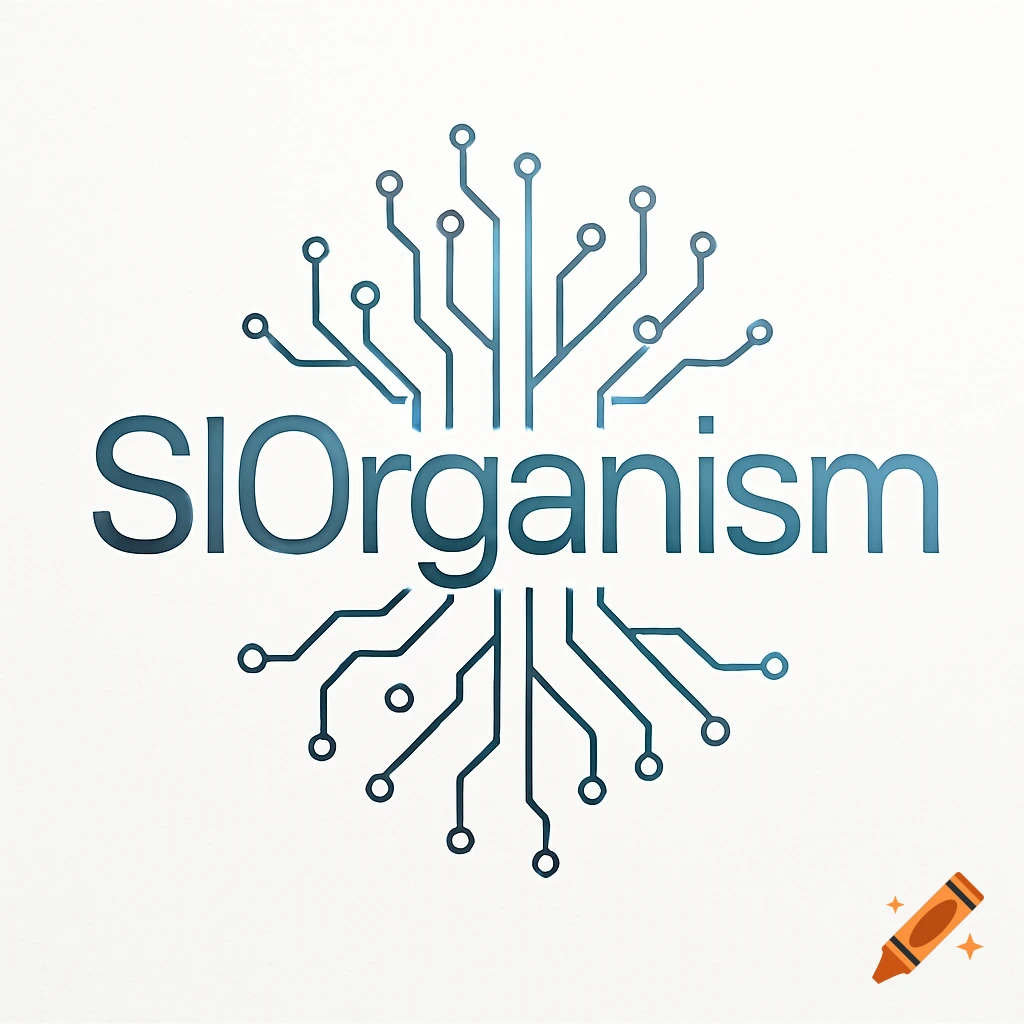 SIOrganism logo with blue gradient text over a stylized circuit board pattern on a white background.