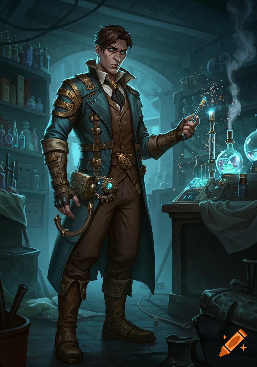 A male alchemist in steampunk attire with glowing green eyes and facial scars works in a dark, detailed laboratory with bubbling chemicals and sparking equipment.