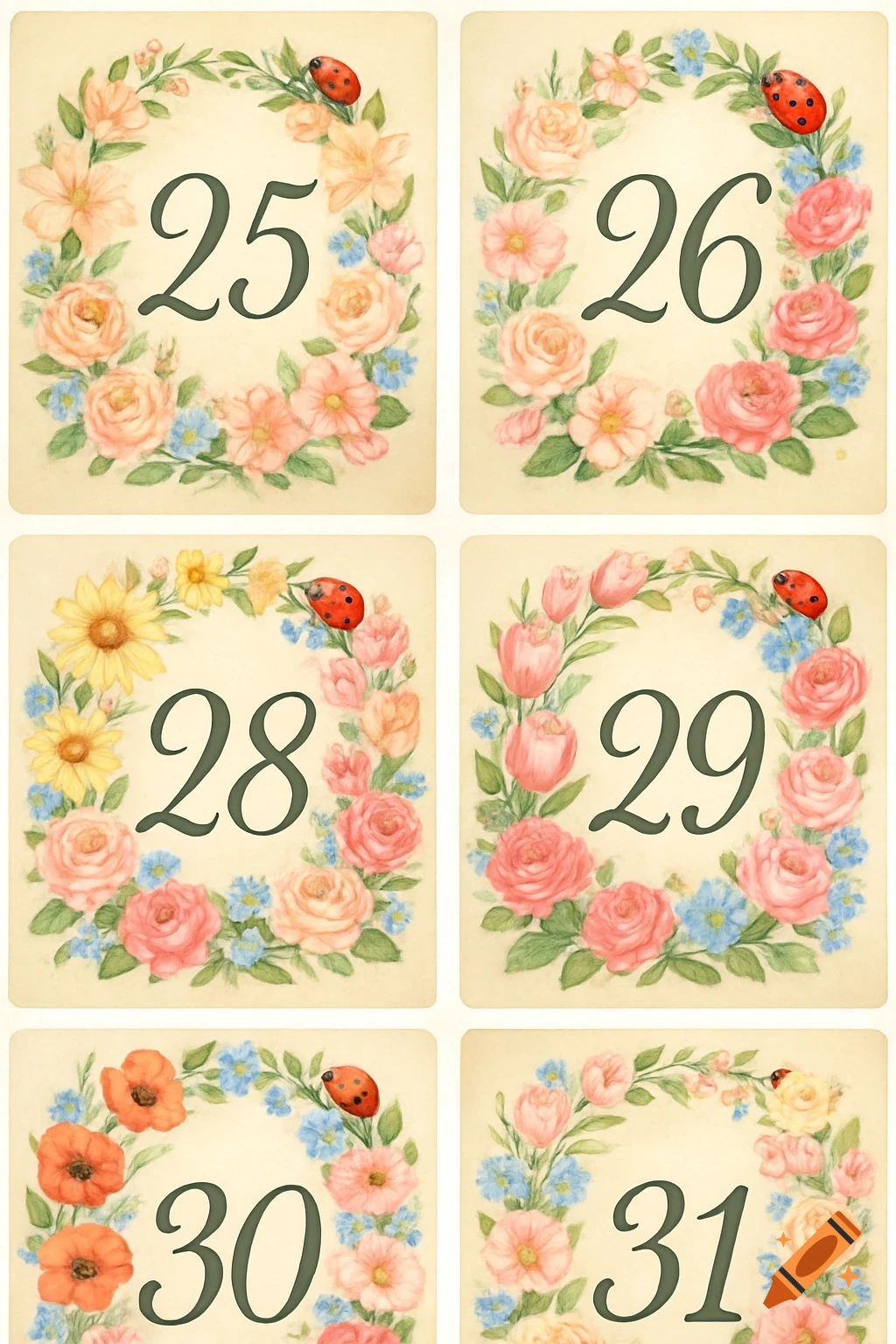 A collage of six watercolor illustration panels, each featuring a number (25, 26, 28, 29, 30, 31) encircled by a floral wreath with a ladybug.