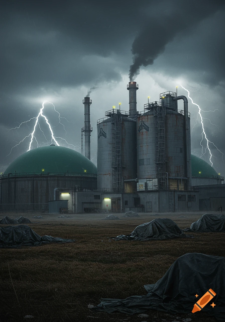 Photorealistic image of a biogas plant with large green domed tanks and silos under a stormy sky with lightning.