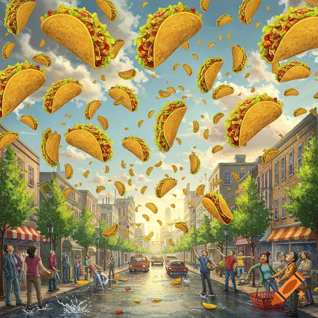 Tacos rain from a sunny sky onto a bustling city street, where people react with surprise and delight.