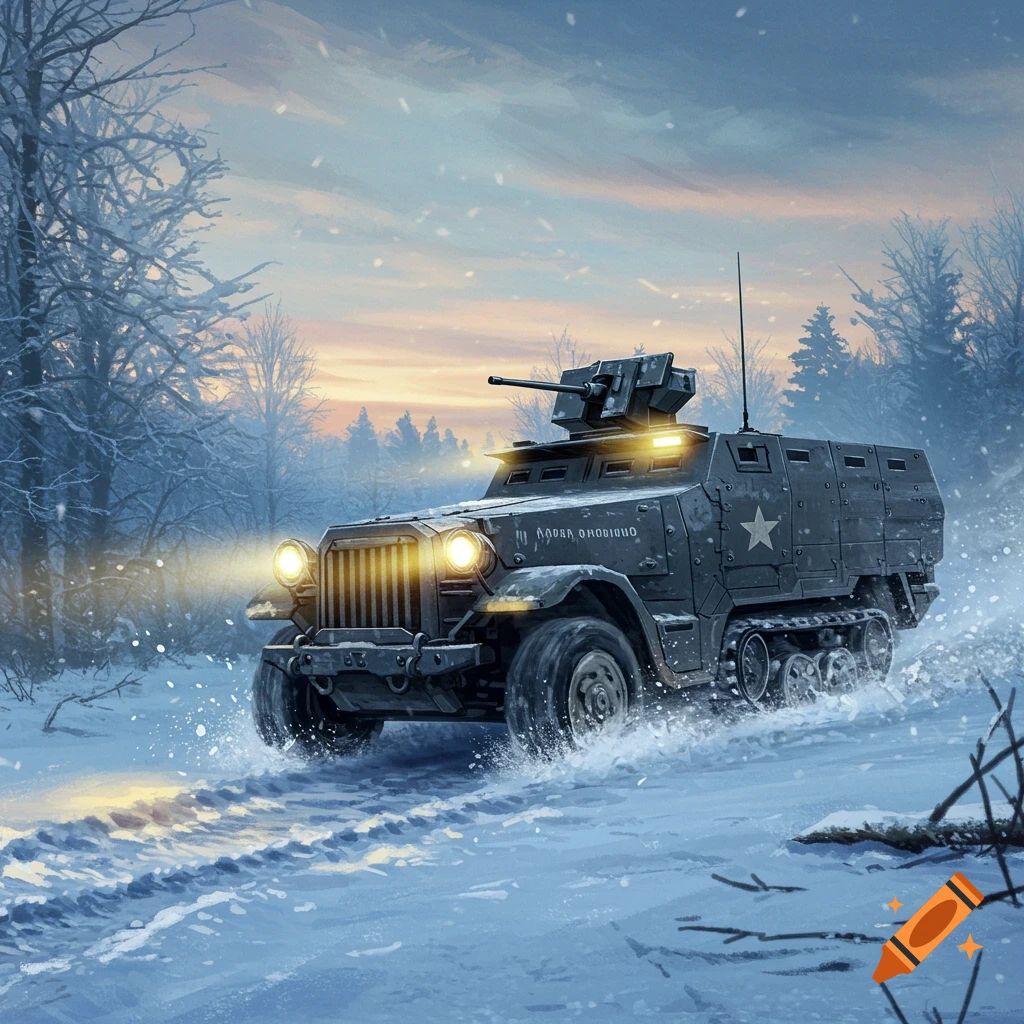 A military half-track drives through a snowy forest at dusk, its headlights illuminating the path, in an illustrative style.