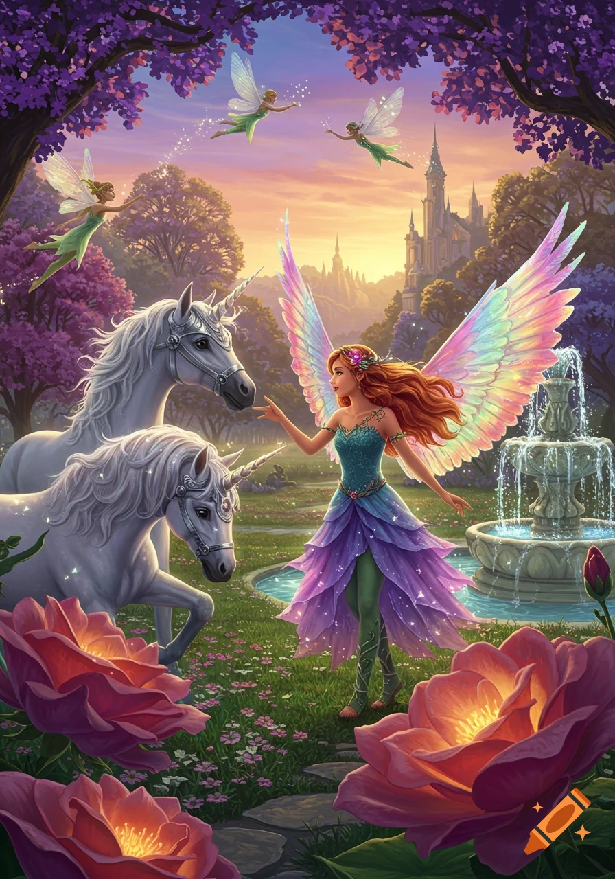 A magical fairy with rainbow wings interacts with two white unicorns in an enchanted garden with flying fairies and a castle.