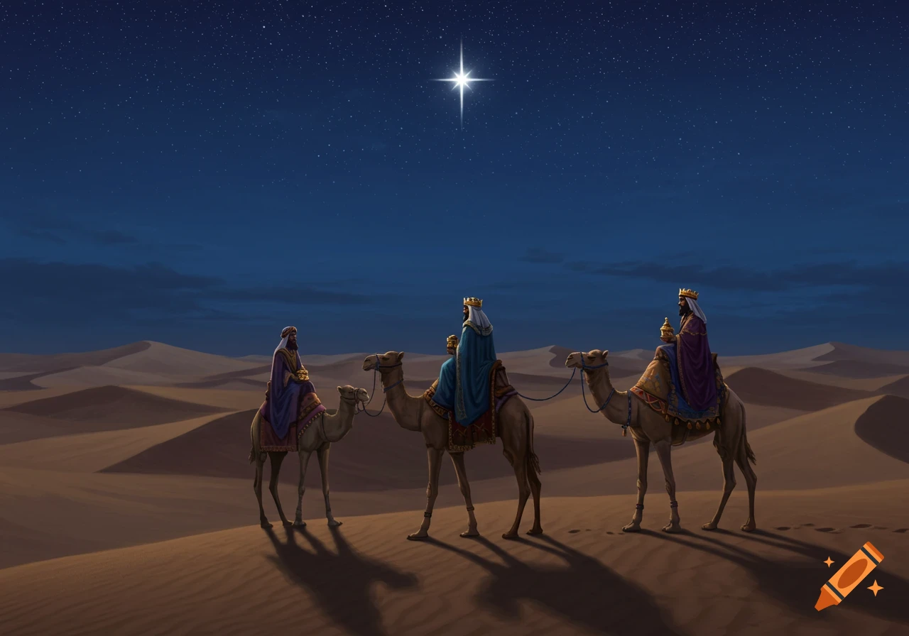 Three wise men on camels travel across a desert at night, guided by a bright star in a stylized illustration.