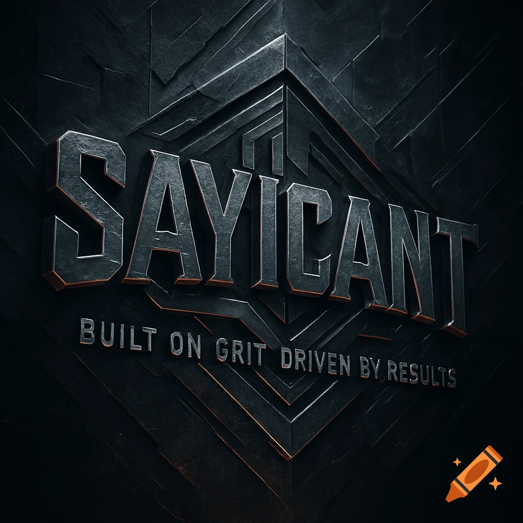 A dark, metallic 3D logo reads "SAYICANT" with "BUILT ON GRIT DRIVEN BY RESULTS" underneath, against a textured, dark background.