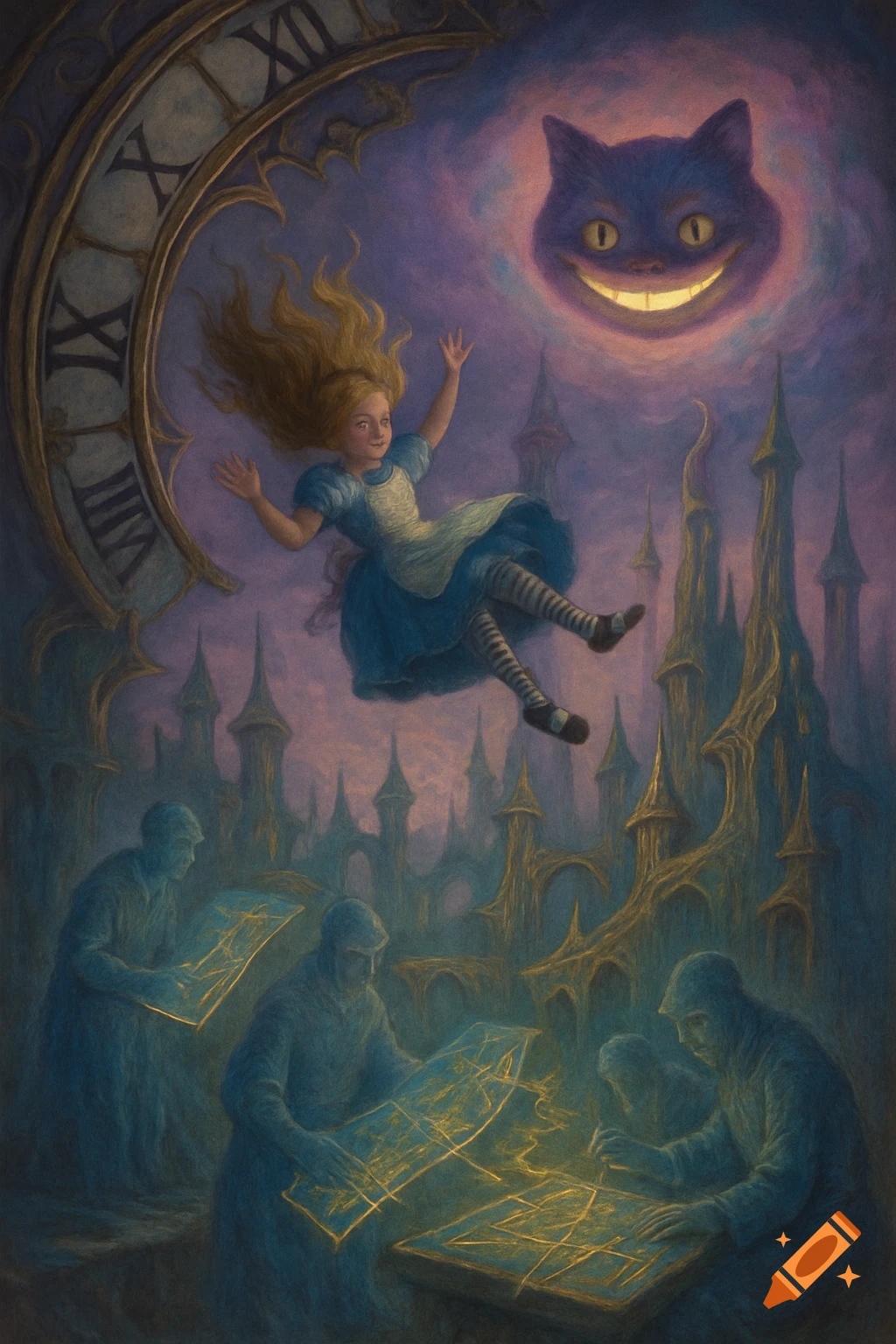 Alice falls past a giant clock and the grinning Cheshire Cat, above hooded figures examining glowing golden maps in a surreal city.