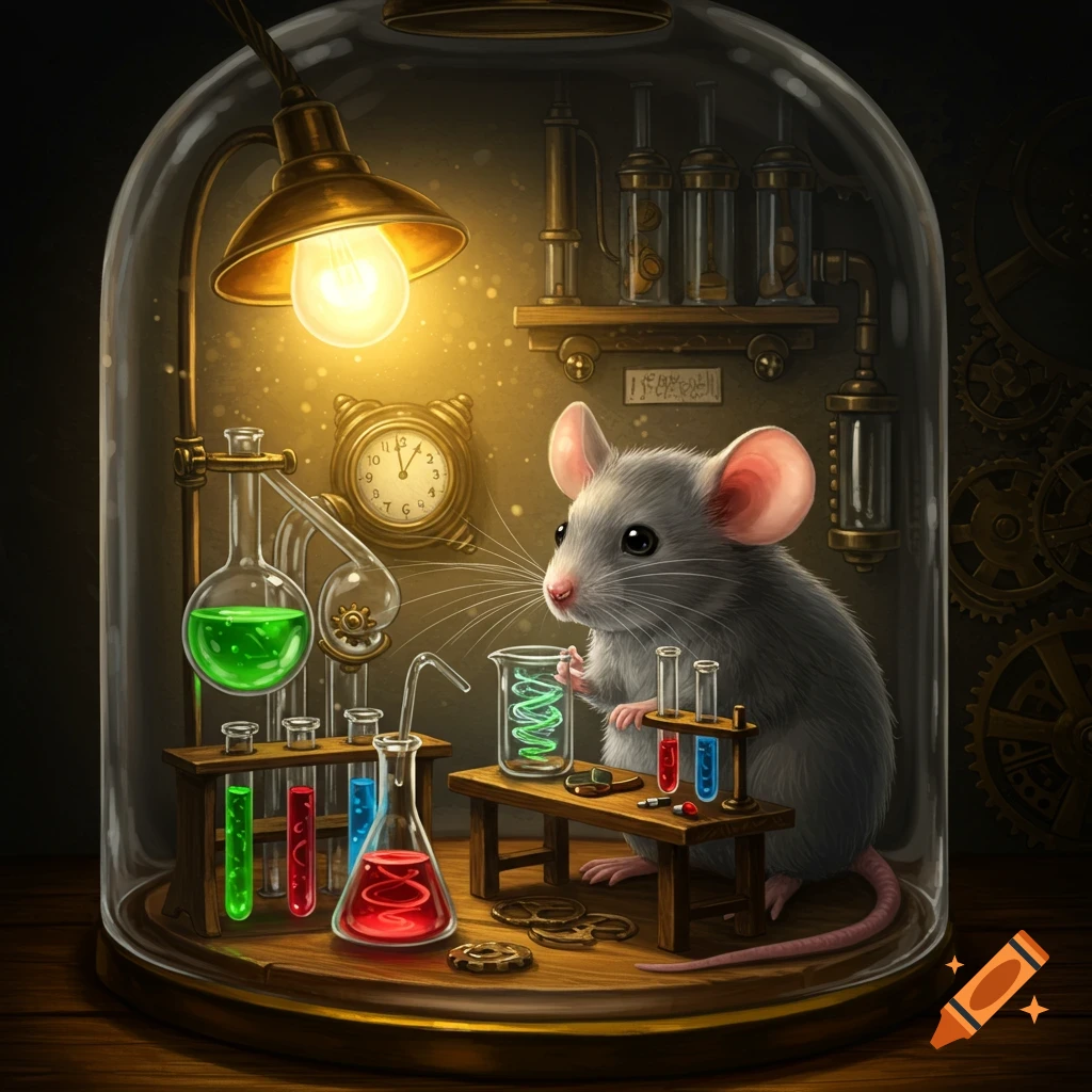 A cute gray mouse in a glass dome laboratory, surrounded by glowing beakers and scientific equipment, illuminated by a warm lamp.