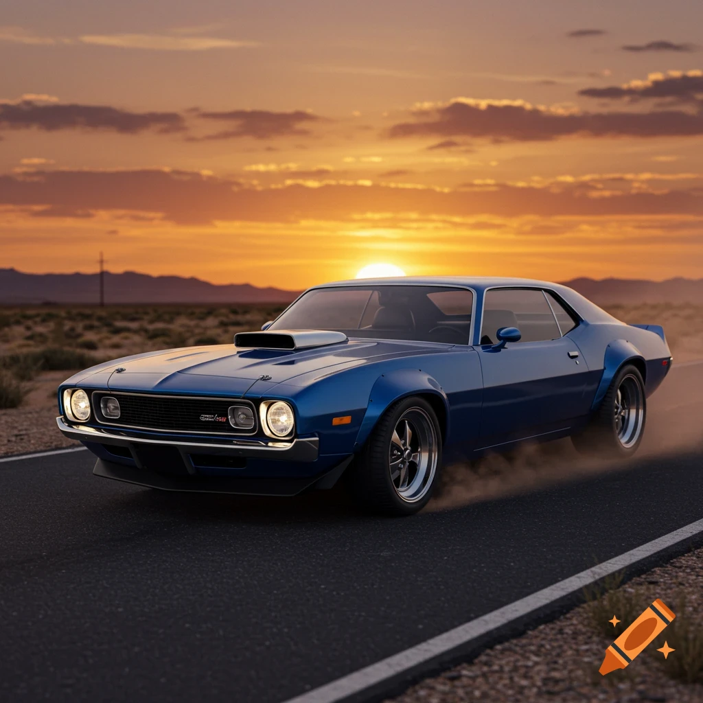A blue muscle car drives on a desert road at sunset.