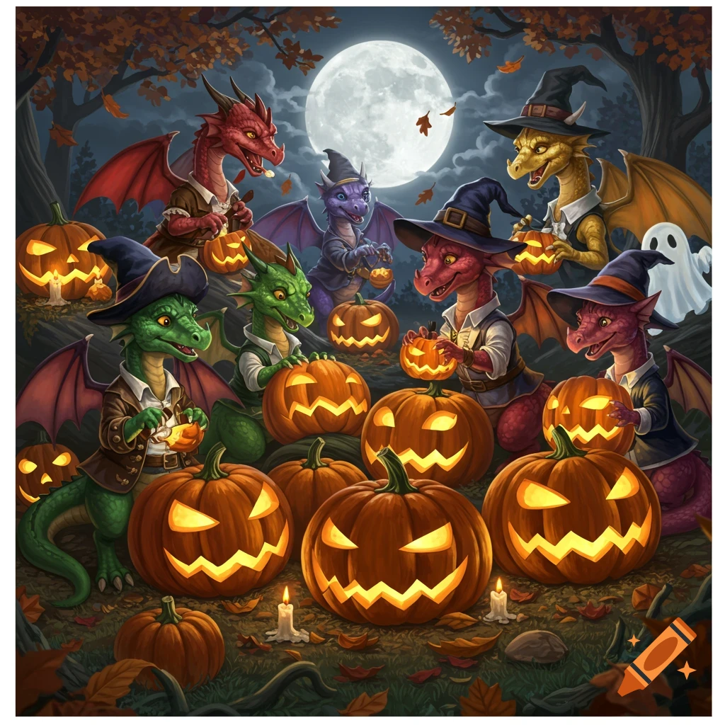 Whimsical illustration of dragons in witch and pirate Halloween costumes carving jack-o'-lanterns in a moonlit forest.
