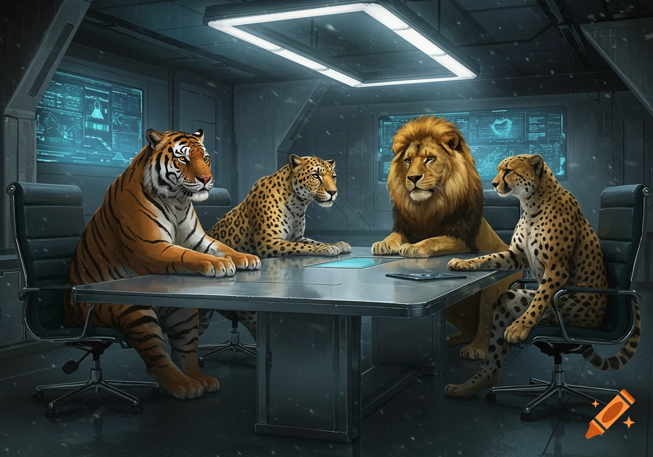 A tiger, leopard, lion, and cheetah in a futuristic meeting room, sitting at a table with glowing screens.