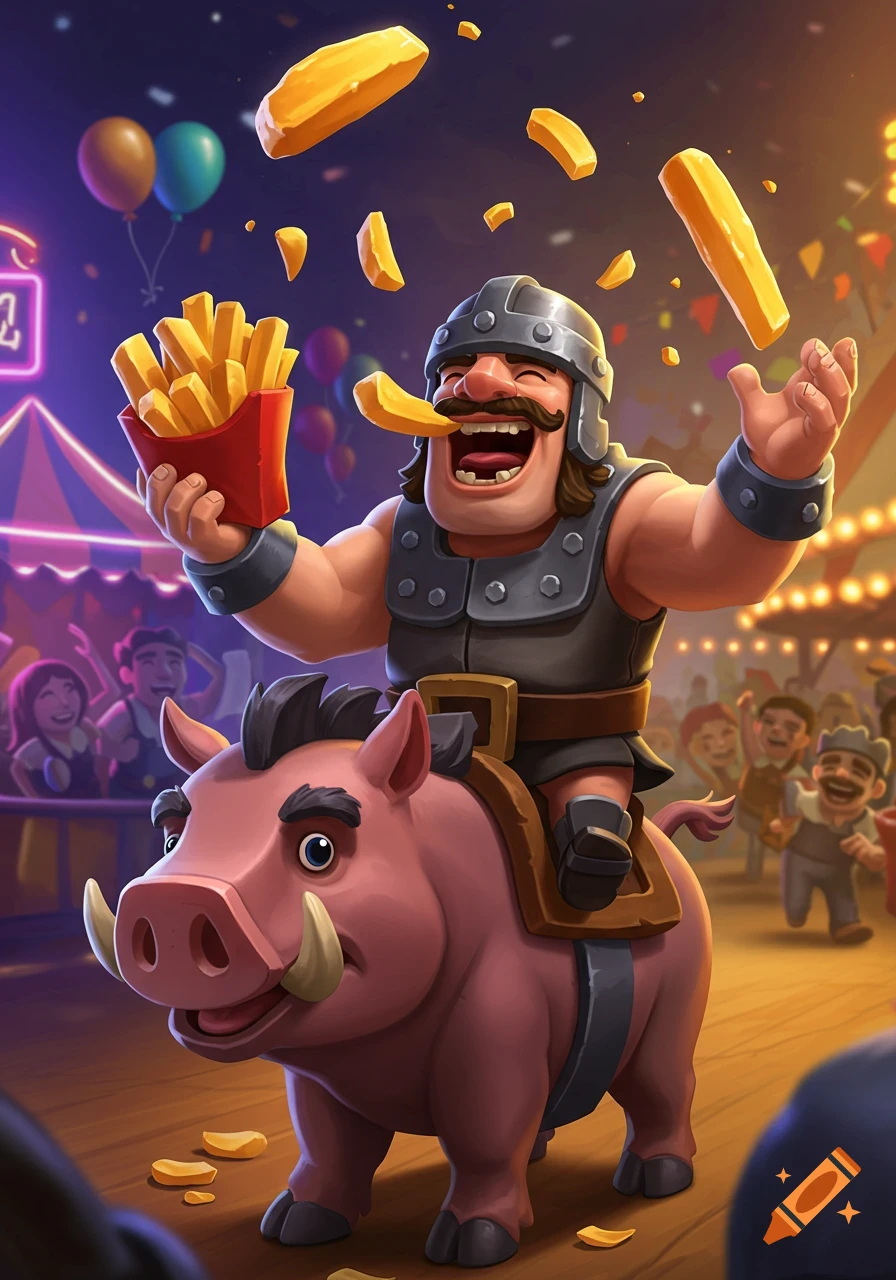 A cheerful cartoon knight with a mustache rides a pig at a vibrant fair, happily tossing and eating french fries.