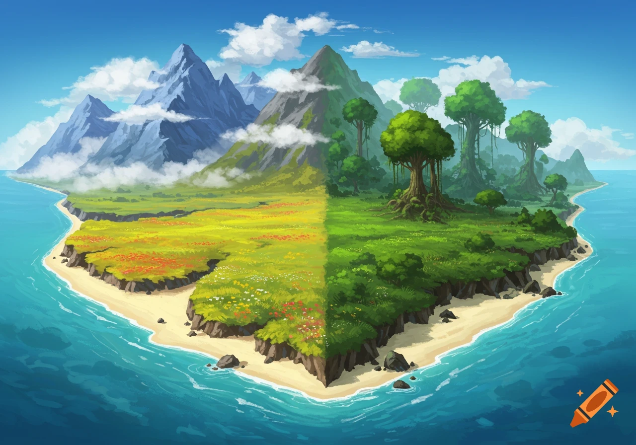 A vibrant, stylized illustration of an island with four distinct biomes: mountains, plains, forest, and beaches.