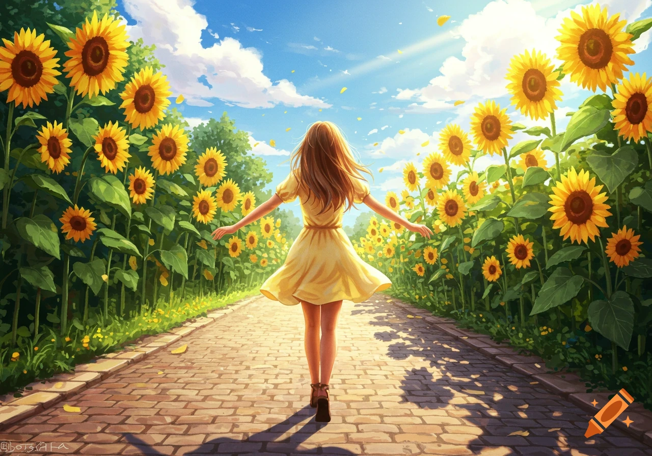 An anime-style image of a woman in a yellow dress walking on a brick path through a sunny sunflower field.