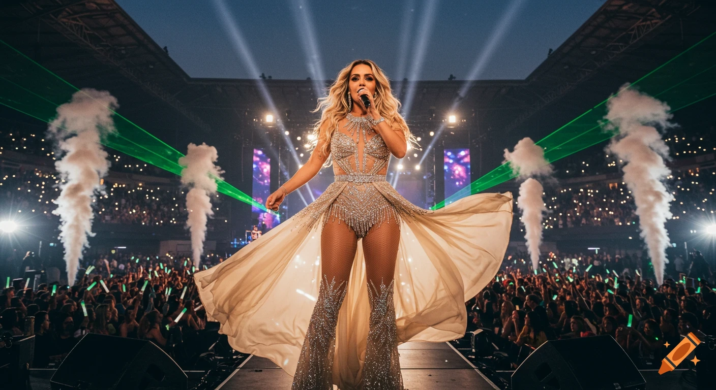 A blonde female singer in a sparkling beige and sheer outfit performs on a stadium stage with lasers and smoke, a crowd visible.