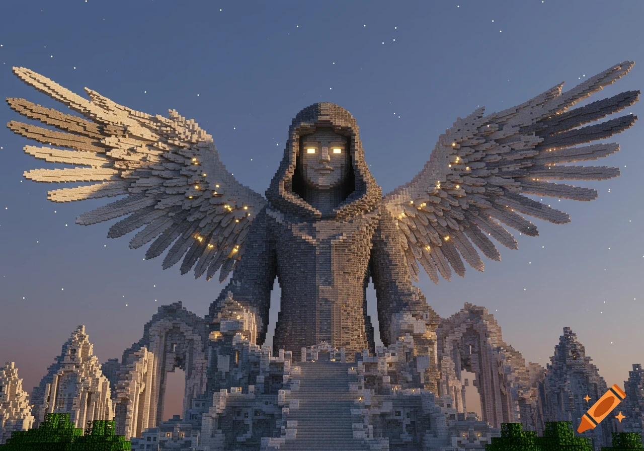 A monumental, blocky Minecraft-style statue of a hooded angel with glowing eyes and spread wings against a star-dotted twilight sky.