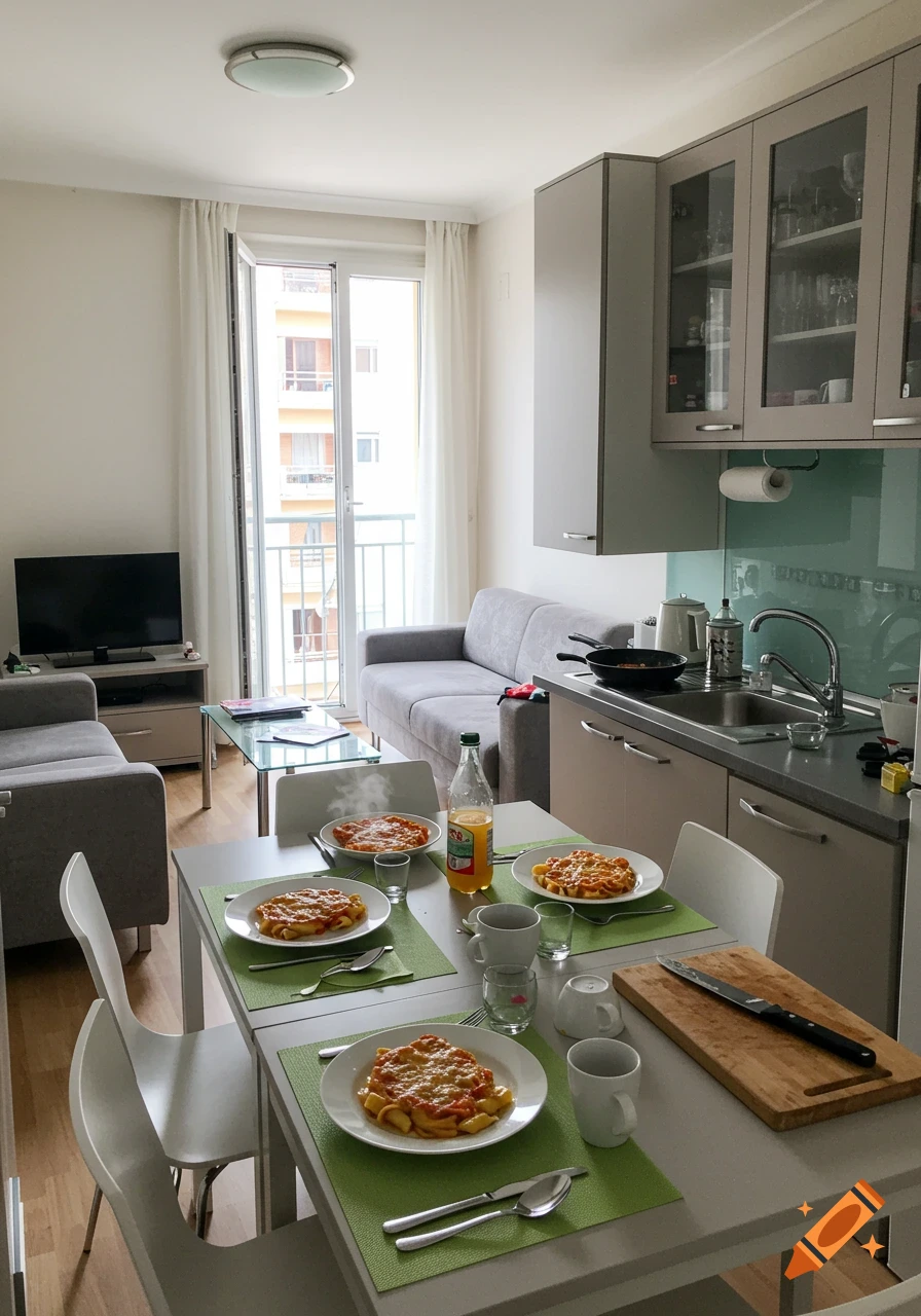 A modern apartment living space with a dining table set for three, a kitchen counter, and a gray sofa by a balcony door.