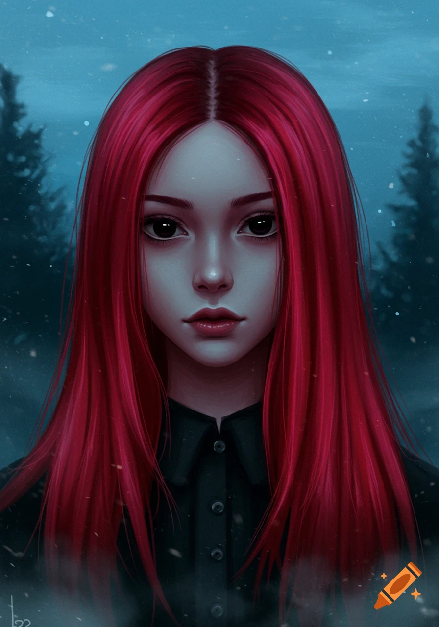 Digital art portrait of a girl with long red hair, pale skin, and dark eyes, in a snowy forest.