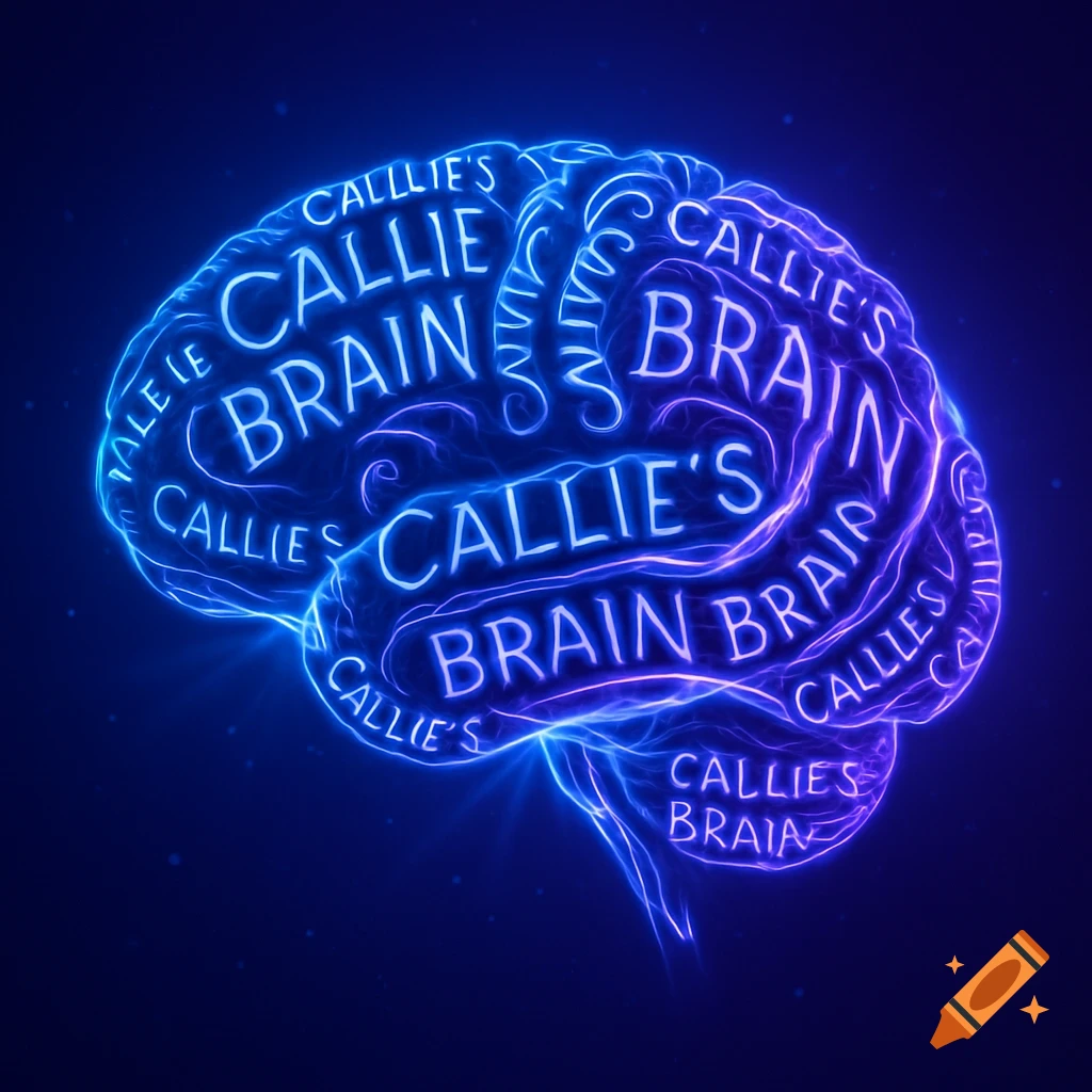 A glowing blue and purple outline of a human brain, composed of repetitions of the words 'CALLIE'S BRAIN' and other text on a dark background.