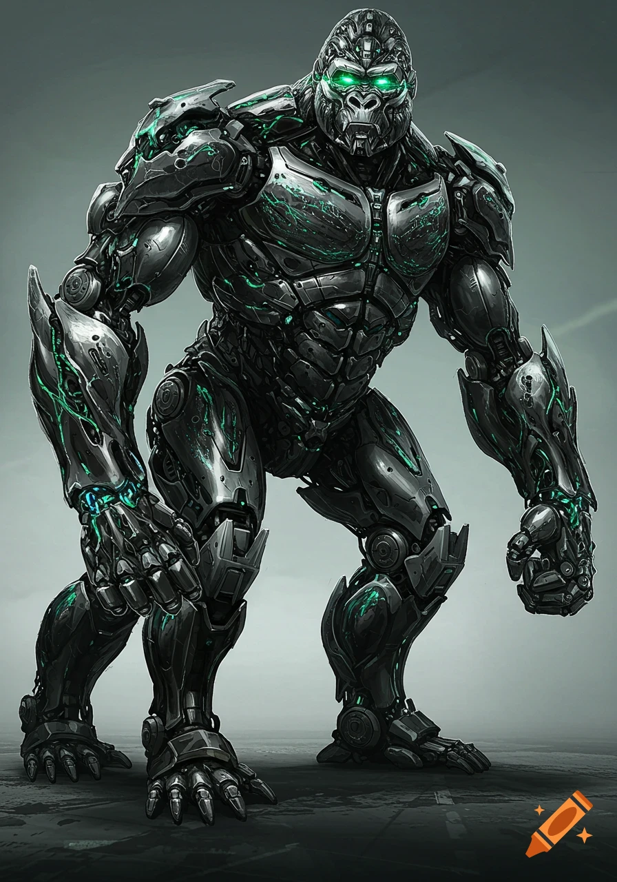 A hulking silver-black robot gorilla with glowing green eyes and intricate mechanical armor stands in concept art style.
