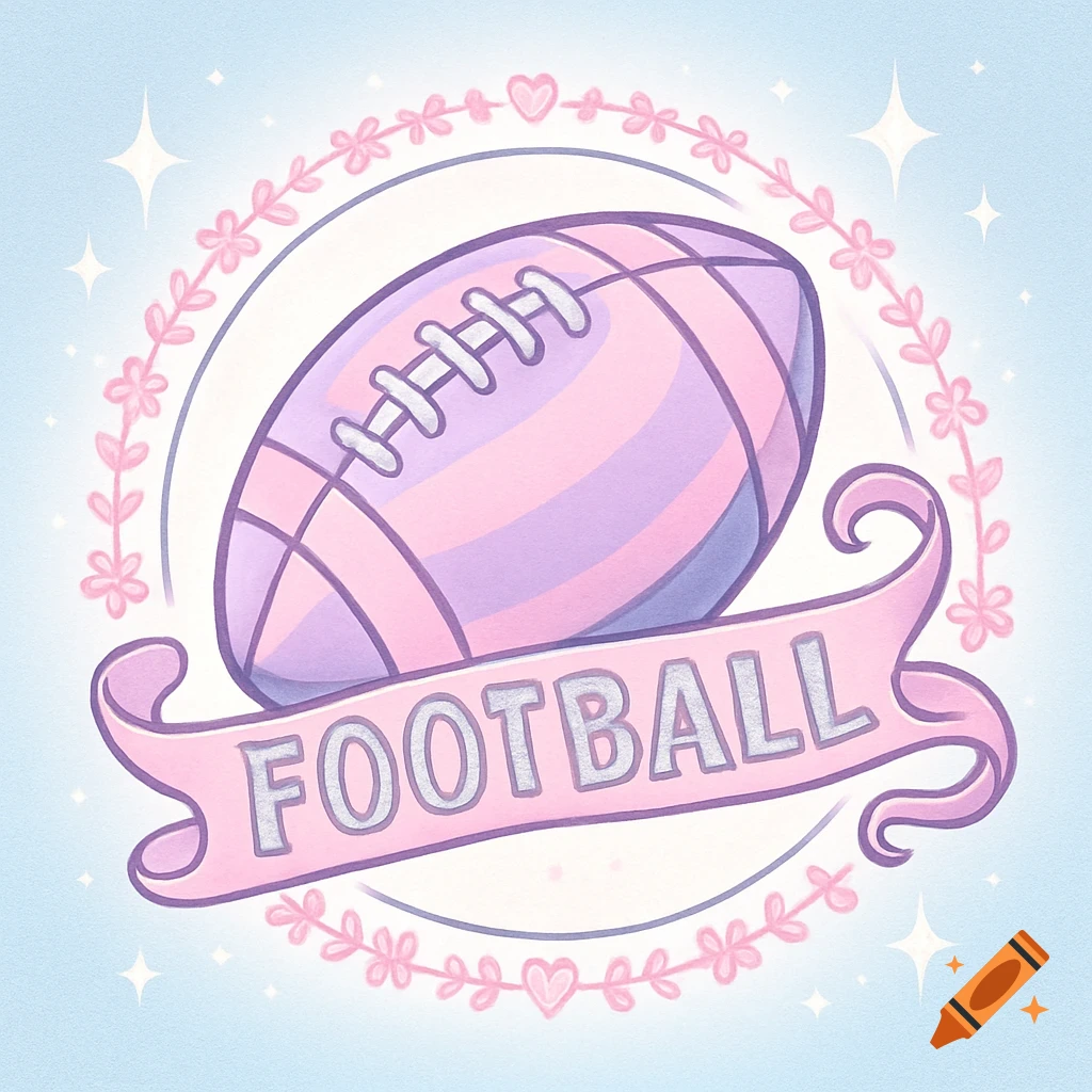 Cute pastel pink and purple football logo with 'FOOTBALL' on a banner, surrounded by flowers and hearts.