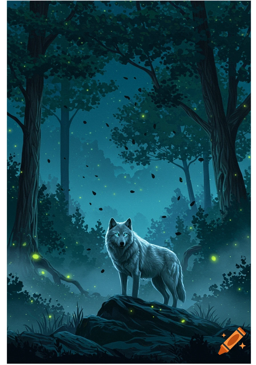 A white wolf with glowing eyes stands on a rock in a dark, mystical forest illuminated by green fireflies. Illustration.
