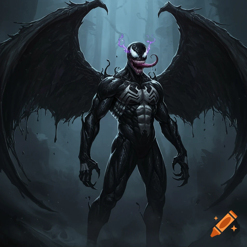 A formidable winged Venom-like creature with black symbiote, sharp fangs, and glowing purple eyes stands in a dark, misty environment.
