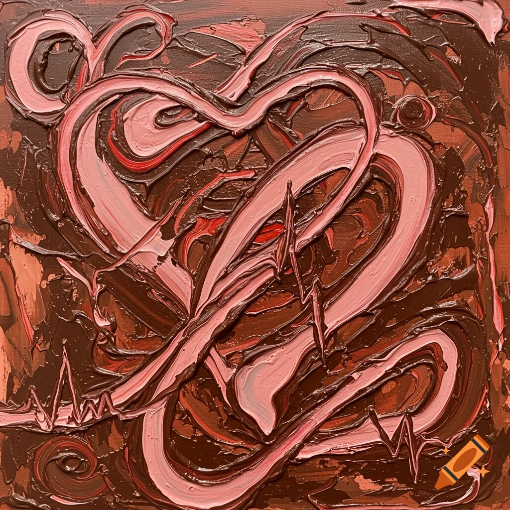 Abstract textured painting in brown, pink, and red, depicting intertwined heart shapes and heartbeat lines.