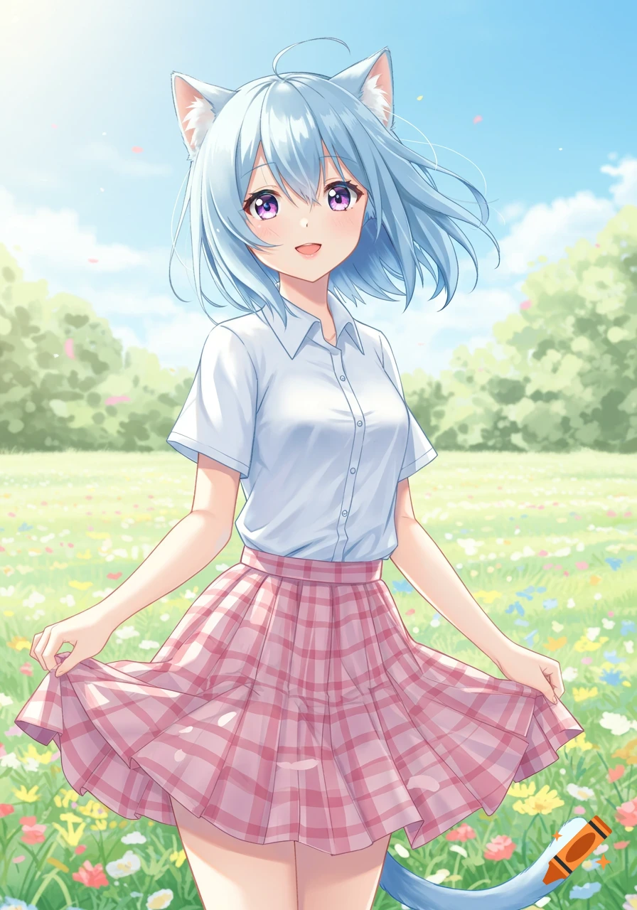 An anime cat girl with light blue hair, pink eyes, white blouse, and a pink checkered skirt stands in a sunny field of flowers.