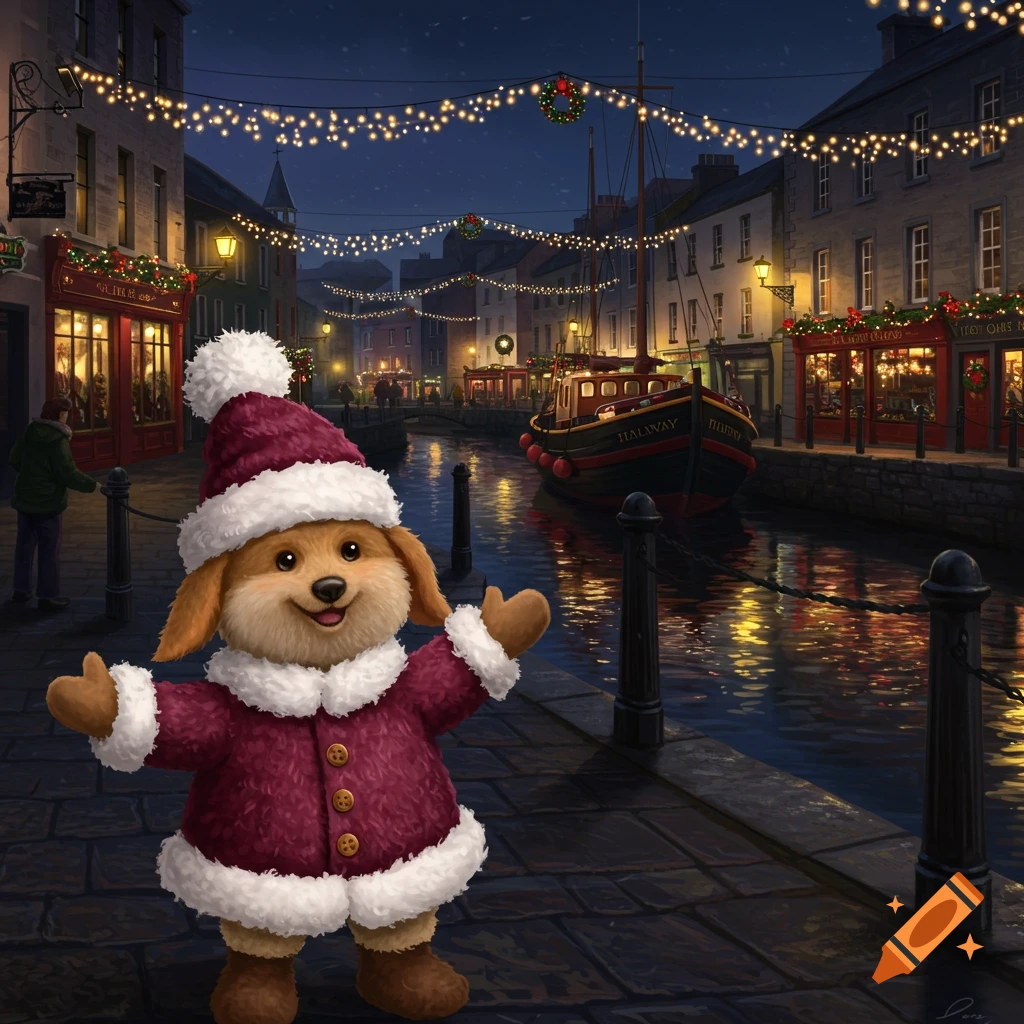 A cute, furry dog in a maroon Santa suit stands on a festive street by a canal in a European city at night, adorned with Christmas lights.