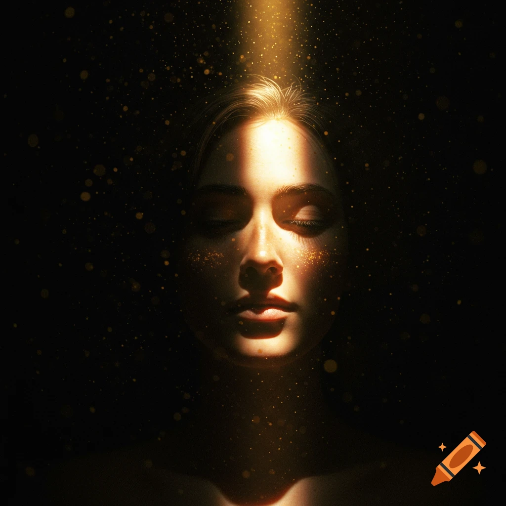 Close-up of a woman's face with eyes closed, half-lit by a dramatic golden beam of light and surrounded by glowing particles on a dark background.