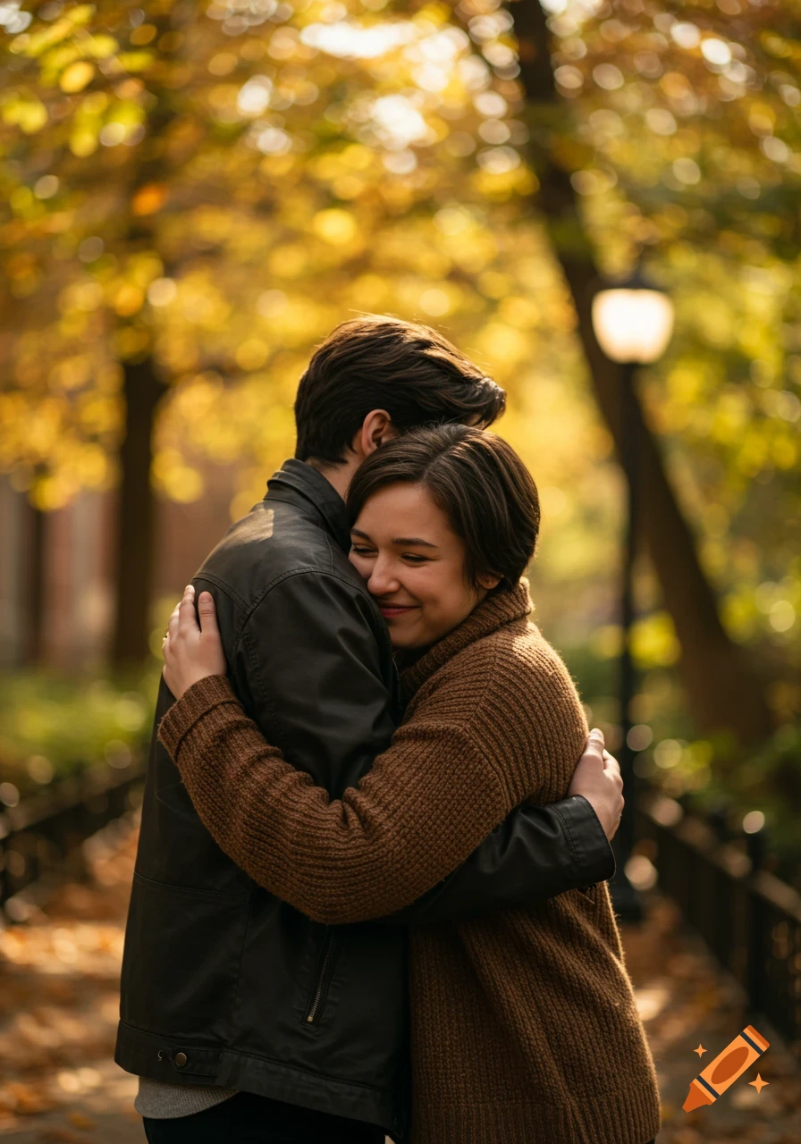 A couple embraces lovingly in an autumn park with golden leaves.