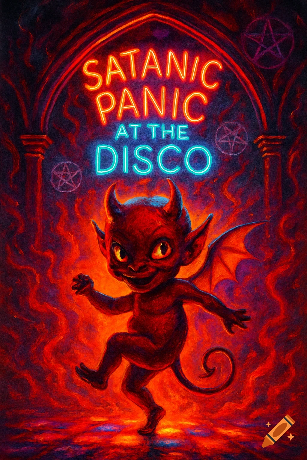 A cartoonish red devil with horns and wings dances under a neon sign that reads "SATANIC PANIC AT THE DISCO" in a fiery, gothic setting with pentagrams.