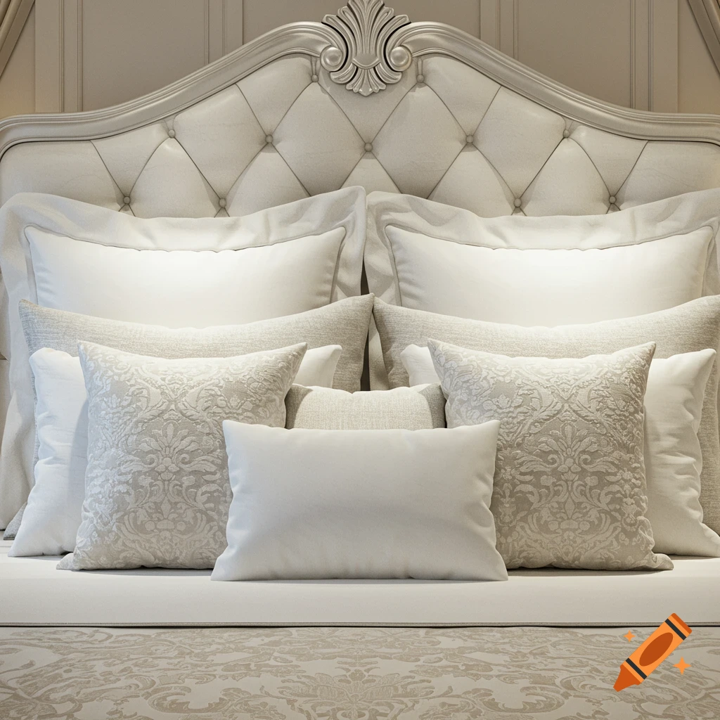 A luxurious bed with a tufted headboard, adorned with multiple rows of white and cream pillows, some with subtle patterns, and a matching patterned bedspread.