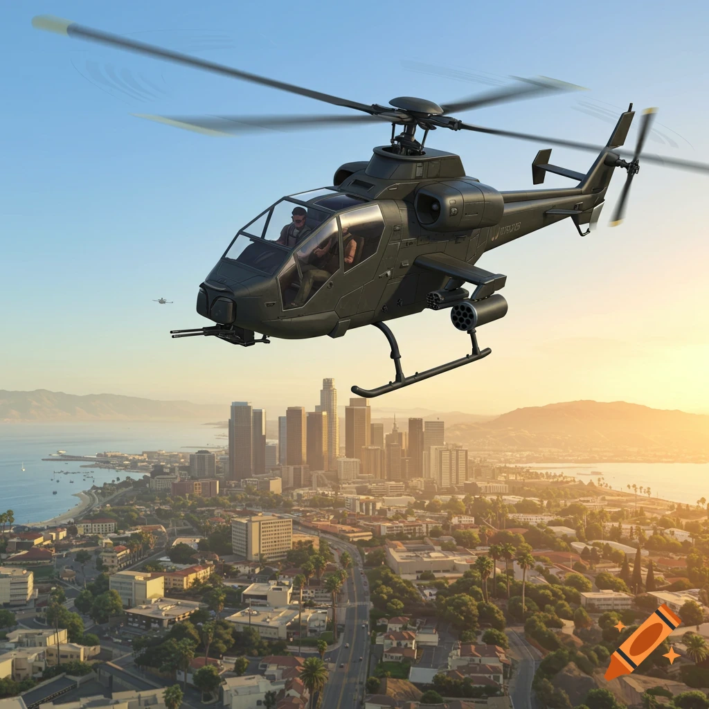 A dark military helicopter with two pilots flies over a detailed city skyline at sunset. Another smaller aircraft is in the distance.